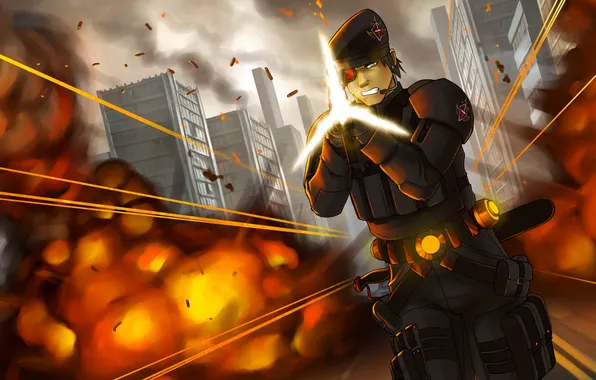 The explosion, the city, war, battle, soldiers, shooting, art