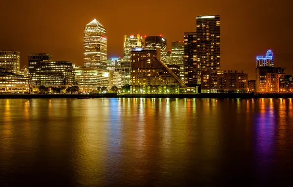 Night, the city, river, England, London, building, skyscrapers, UK