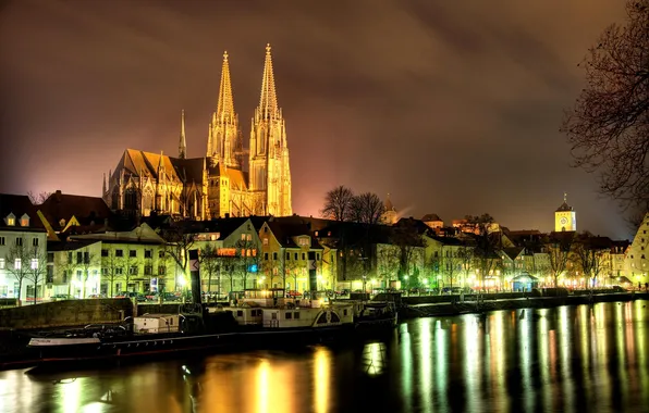 Night, lights, river, home, Germany, Bayern, Regensburg, The Danube