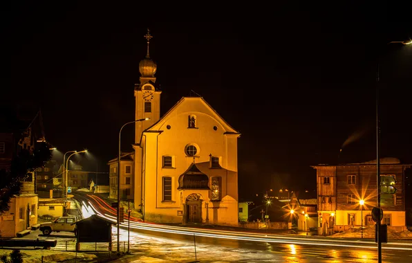 Road, night, lights, street, home, Switzerland, lights, Church