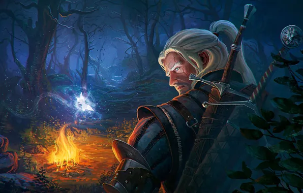 Picture forest, night, the fire, rpg, witcher, The Witcher 3: Wild Hunt, Wild Hunt, Geralt