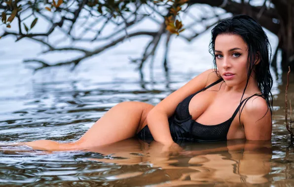 Swimsuit, look, girl, branches, pose, tree, model, wet