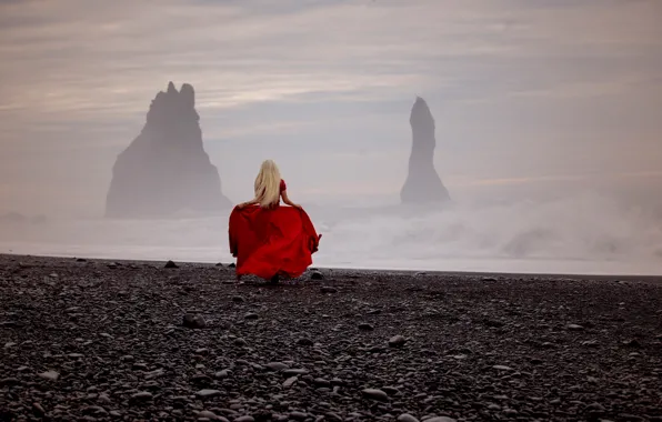 Picture sea, girl, storm, mood, rocks, red dress