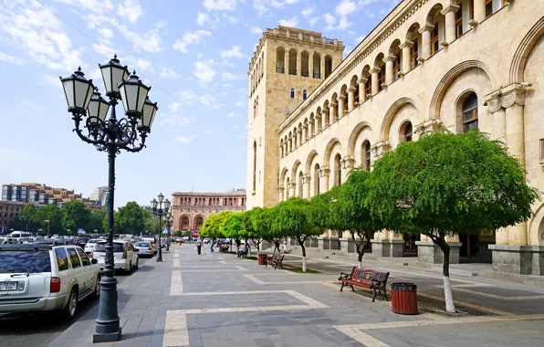 Picture Home, Trees, Street, benches, Armenia, Yerevan, Street lights