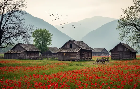 Field, mountains, Wallpaper, Maki, wallpaper, field, mountains, farm