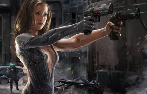 Picture guns, girl, fantasy, android, science fiction, sci-fi, weapons, digital art