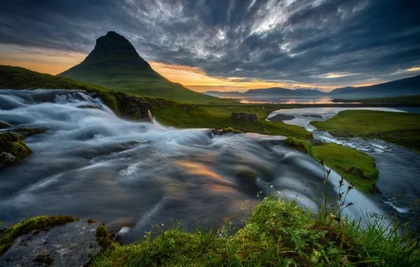 Summer, river, dawn, mountain, stream, morning, Iceland, Kirkjufell
