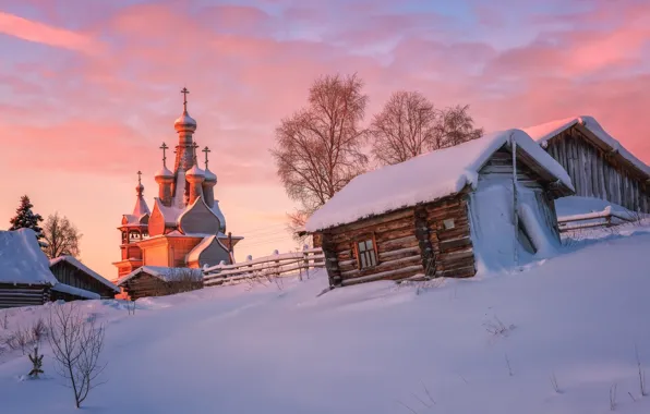Winter, snow, landscape, home, morning, village, Church, Maxim Evdokimov
