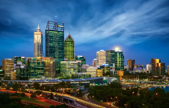 The city, lights, building, home, skyscrapers, Australia, Perth