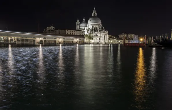 Sea, water, light, night, the city, reflection, Italy, Venice