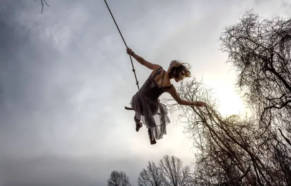 GIRL, The SKY, FLIGHT, DRESS, TREES, BRANCHES, JOY, ROPE