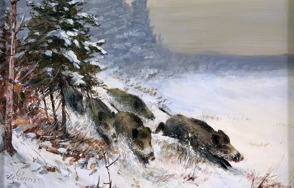 Winter, Trees, Snow, Running, Picture, German artist, Wilhelm Lorenz, Wild Boars