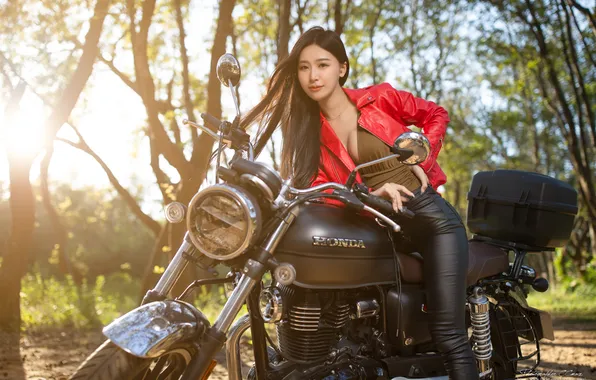 Cleavage, Asian, model, women, brunette, jacket, leather jacket, women outdoors