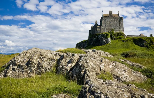 The sky, clouds, stones, castle, rocks, view, hill, architecture