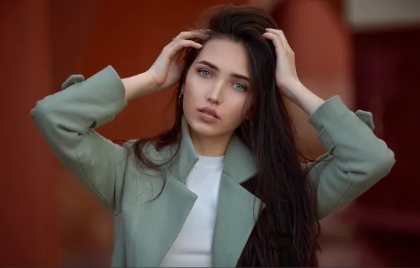Picture look, girl, face, pose, hands, long hair, Anastasia, Andrey Metelkov