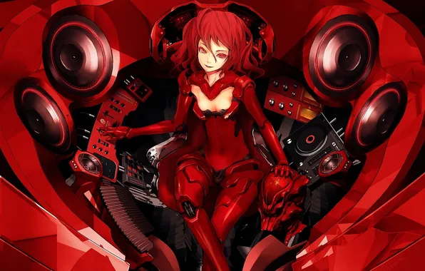 Picture girl, red, robot, chair, dynamics, art, sitting, control panel