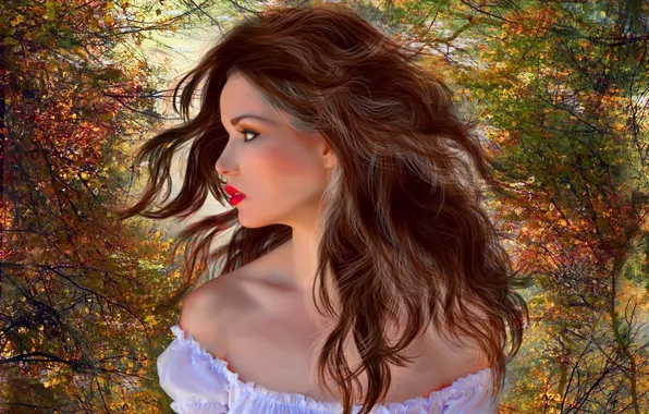 Autumn, leaves, girl, trees, face, background, hair, makeup