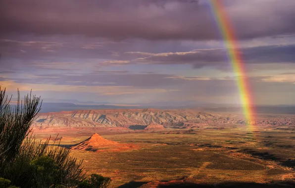 Mountains, rocks, desert, rainbow, Utah, valley of the gods