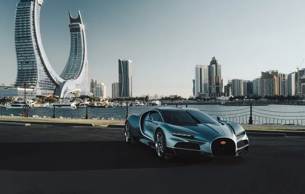 The city, Lake, Bugatti, Skyscrapers, supercar, power, Qatar, Doha