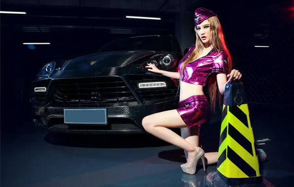 Auto, look, Girls, Porsche, Asian, beautiful girl, stewardess, posing on the car