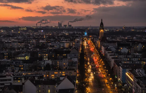 Clouds, Avenue, tower, Germany, traffic, Church, twilight, cars