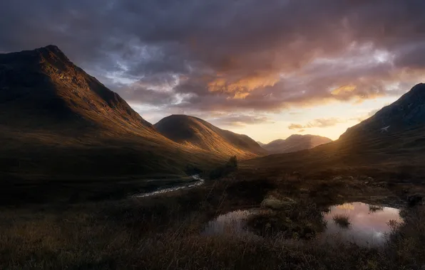 The sky, clouds, light, mountains, stream, hills, puddles