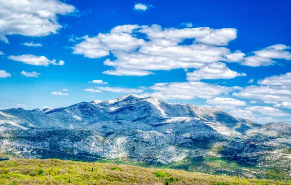 The sky, clouds, light, mountains, blue, vegetation, the slopes, tops
