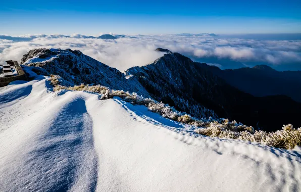 Winter, frost, clouds, snow, landscape, mountains, nature, fog