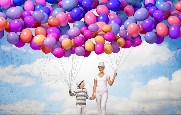 Balls, joy, happiness, balloons, people, colorful, happy, sky