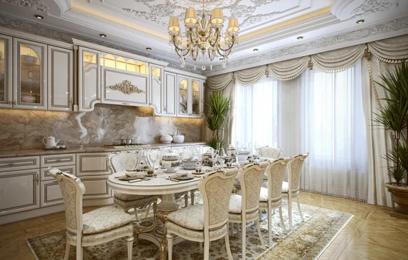 Flowers, table, furniture, chairs, interior, the ceiling, kitchen, chandelier