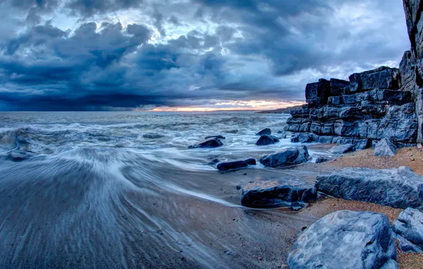 Sea, wave, beach, the sky, clouds, clouds, stones, rocks