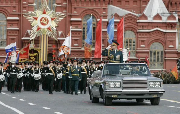 Picture holiday, soldiers, Moscow, General, flags, Russia, Red square, car