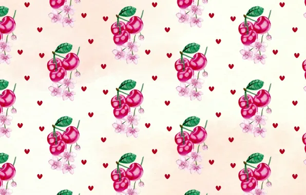 Flowers, cherry, background, texture, hearts, Cherry, pattern, hearts