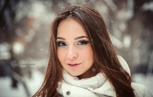 Winter, girl, snowflakes, makeup, hairstyle, brown hair, cute, bokeh