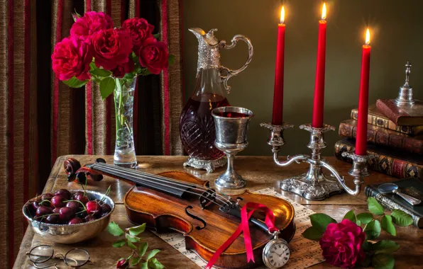 Picture flowers, style, berries, notes, wine, violin, watch, glass