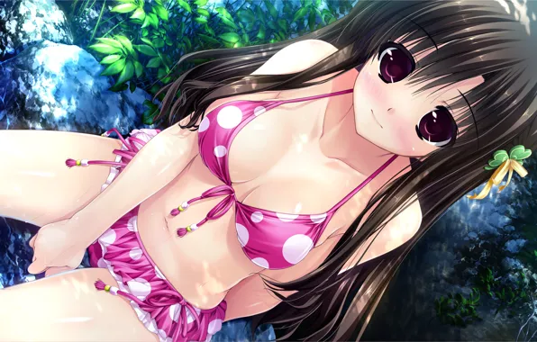 Girl, sexy, cleavage, river, long hair, boobs, anime, water