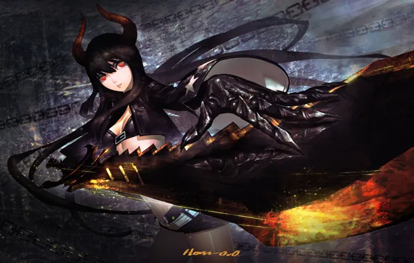 Picture girl, weapons, sword, anime, art, horns, chain, black rock shooter