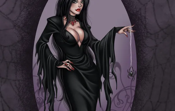Picture face, pose, woman, hair, spider, dress, black, art