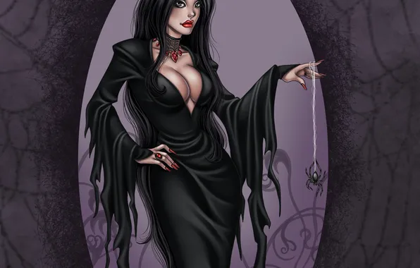 Face, pose, woman, hair, spider, dress, black, art