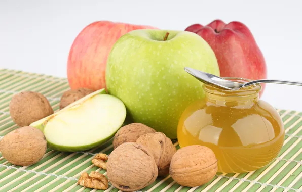 Picture apples, spoon, fruit, honey, jar, walnuts