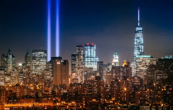 Rays, building, New York, night city, Manhattan, skyscrapers, Manhattan, New York City