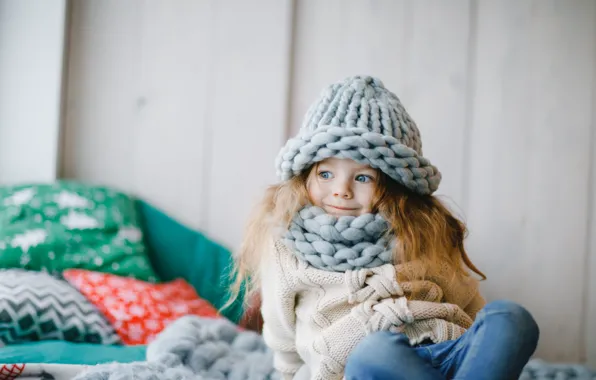 Smile, hat, jeans, scarf, girl, smile, cute, Happy