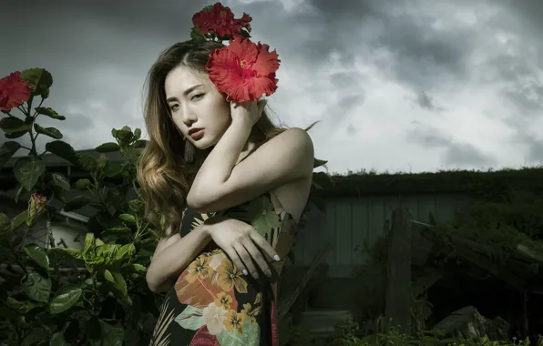 Picture girl, flowers, Asian