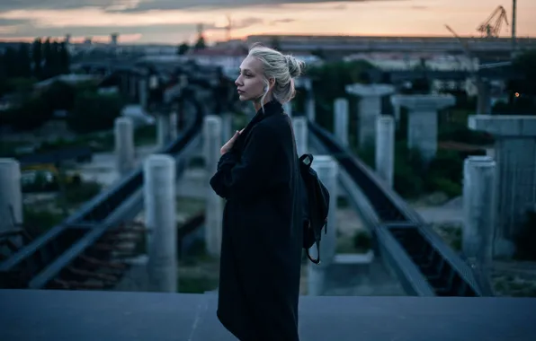 Girl, the city, construction, view, morning