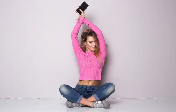 Music, girls, pose, phone