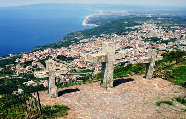 City, sky, sea, Italy, Calabria, Palms, Monte Sant'Elia, Tree Cross