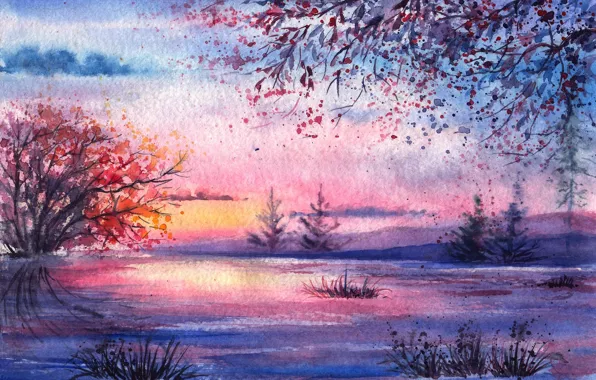Picture trees, reflection, river, foliage, the evening, watercolor, tree, painted landscape