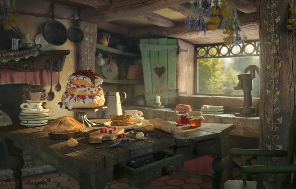 Picture house, table, mood, art, Hansel and Gretel, Sergio Raposo Fernández, kitchen. holiday