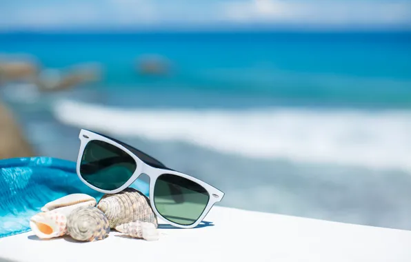 Summer, beach, sea, sun, blue sky, glasses, vacation, shells