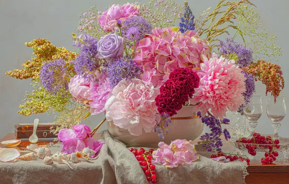 Picture flowers, red, bouquet, pink, still life, different, currants